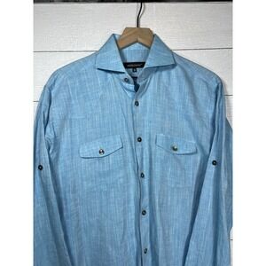 Bogosse Men's Dress Shirt Size 3 Light Blue 100% Linen Lightweight